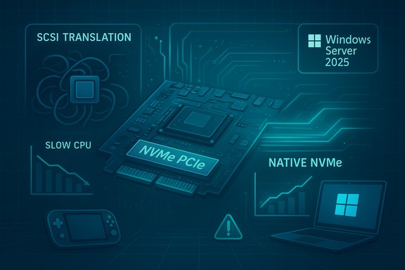 Futuristic schematic of an NVMe PCIe card with Windows Server 2025 and SCSI translation.
