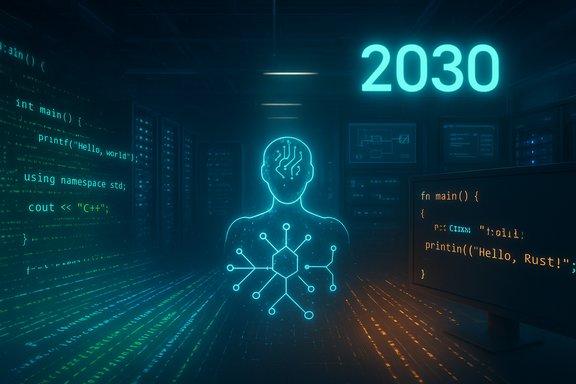 Neon-lit data center scene with a circuit-brain humanoid silhouette and a glowing 2030 sign.