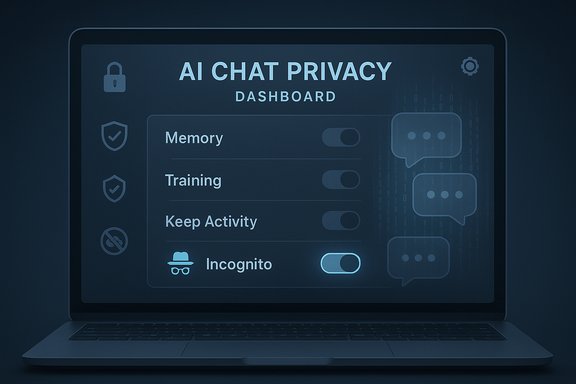 A laptop screen shows an AI chat privacy dashboard with an active Incognito toggle.