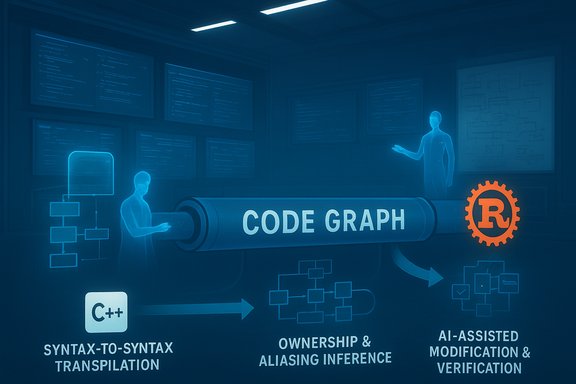 Futuristic depiction of a code graph pipeline with AI-assisted verification.