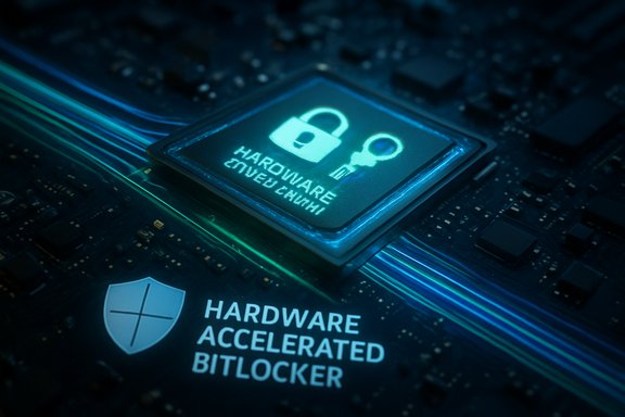 Close-up of a hardware security chip with a lock icon and the 'Hardware Accelerated BitLocker' label.