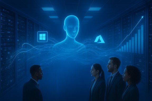 Four professionals stand in a server room as a blue holographic AI figure floats above, with Windows and Azure icons.