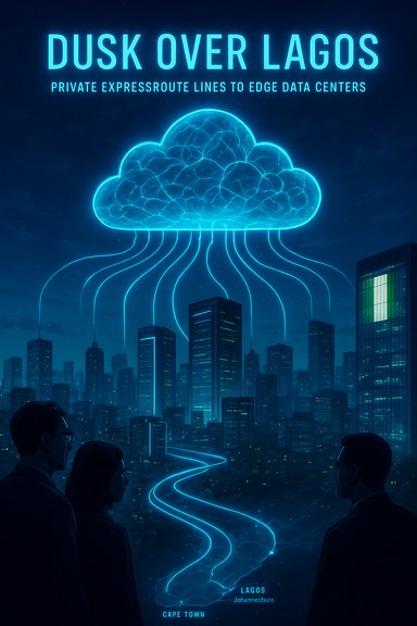 Neon-blue futuristic city at night, with a glowing cloud and data lines reaching skyscrapers.