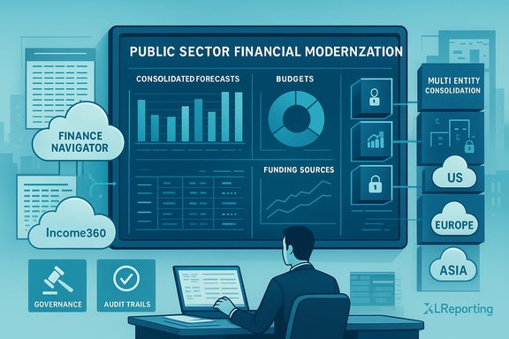 Public sector financial modernization dashboard displaying consolidated forecasts, budgets and funding sources.