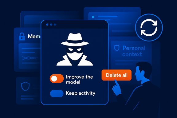 A hacker icon on a dark UI showing privacy controls and a prominent “Delete all” option.