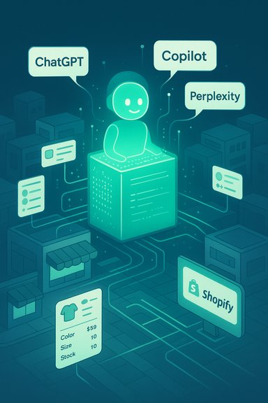 A glowing AI assistant sits atop a server, surrounded by ChatGPT, Copilot, and Perplexity in a digital city.