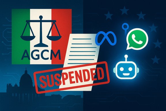 Italy's AGCM logo with a suspended stamp amid digital icons like a chatbot and WhatsApp. Italy's AGCM logo with a suspended stamp amid digital icons like a chatbot and WhatsApp.