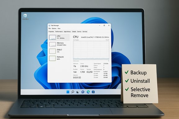 Laptop displays Windows Task Manager with a checklist card: Backup, Uninstall, Selective Remove.