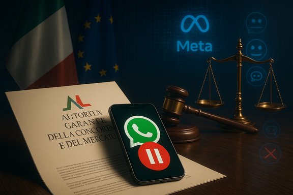 Antitrust document on desk with gavel and scales, paused WhatsApp on a phone, Meta backdrop. Antitrust document on desk with gavel and scales, paused WhatsApp on a phone, Meta backdrop.