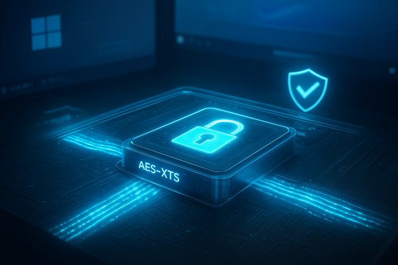 Neon-blue security module with a lock labeled AES-XTS on a circuit board.