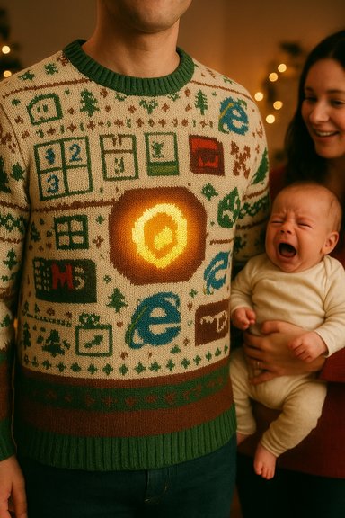 An adult in a festive sweater with a glowing center stands beside a smiling mother holding a crying baby.