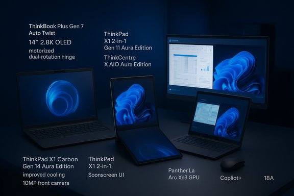 Blue-lit Lenovo Think devices—ThinkBook, ThinkPad, ThinkCentre—on a desk.