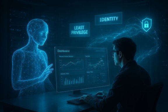 A man at a computer monitors a holographic dashboard as a blue digital figure discusses identity and least privilege.