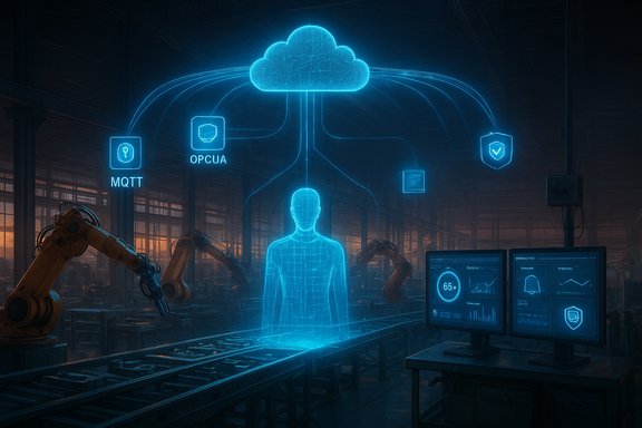 A neon-blue holographic cloud links industrial robots, sensors, and screens in a futuristic factory. A neon-blue holographic cloud links industrial robots, sensors, and screens in a futuristic factory.
