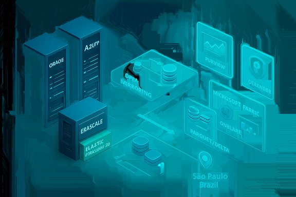 3D data center with servers and floating icons illustrating cloud data mirroring near São Paulo, Brazil.