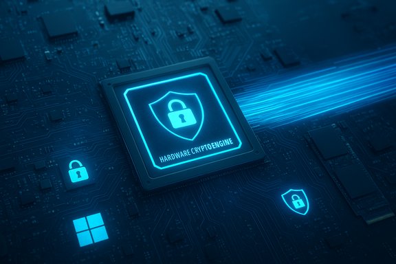 Glowing shield and lock emblem on a blue hardware crypto engine PCB.