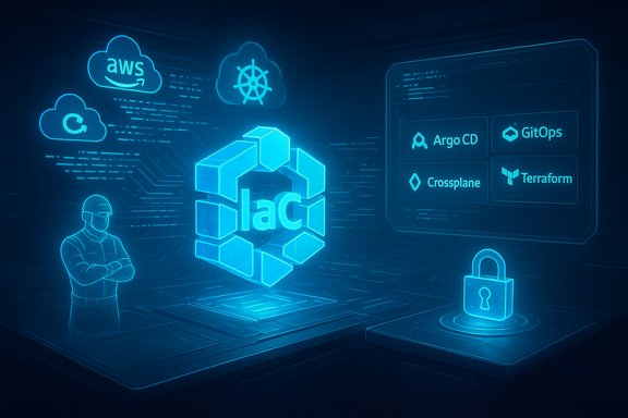 Blue holographic scene depicting IaC with cloud icons and GitOps tools.