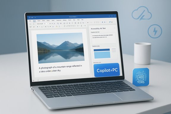 A laptop screen shows a document with a mountain lake photograph and caption.