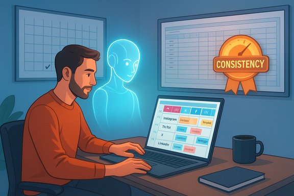 A man sits at a desk coding on a laptop as a glowing hologram guides him, near a Consistency badge.