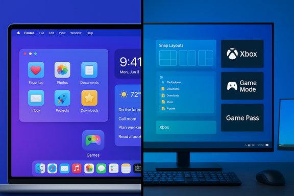 Split-screen showing macOS-style home screen on the left and Windows desktop with Xbox icons on the right.