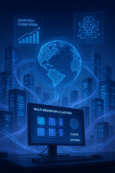 A futuristic workstation shows a glowing globe and GPU cluster dashboards over a city skyline.