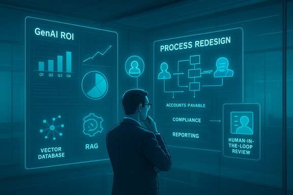 A businessperson analyzes GenAI ROI and process redesign data on holographic dashboards.