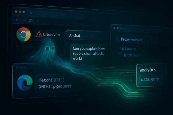 A ghostly AI figure glides through neon browser windows, linking chat, analytics, and security code.