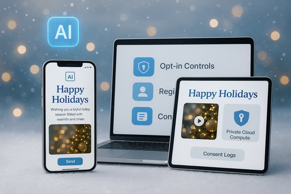 AI-powered holiday greetings displayed across phone, tablet, and laptop.
