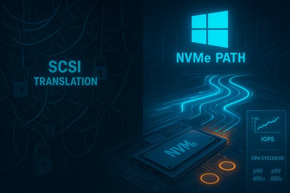 Blue, futuristic scene showing SCSI translation (left) vs NVMe PATH (right) with a glowing NVMe drive.