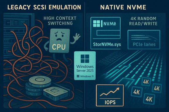 Infographic comparing Legacy SCSI Emulation vs Native NVMe, highlighting Windows Server 2025.