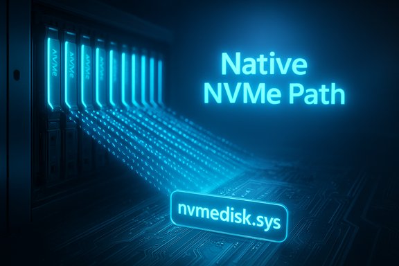 Blue-lit NVMe drive array with a native NVMe path and the nvmedisk.sys label.