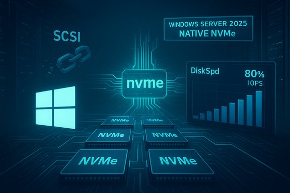 Futuristic data-center circuit with multiple NVMe chips and a Windows Server 2025 native NVMe display. Futuristic data-center circuit with multiple NVMe chips and a Windows Server 2025 native NVMe display.