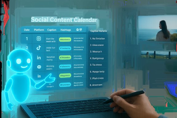 A blue holographic Social Content Calendar projected on a wall, with a friendly robot and a hand typing at a keyboard.