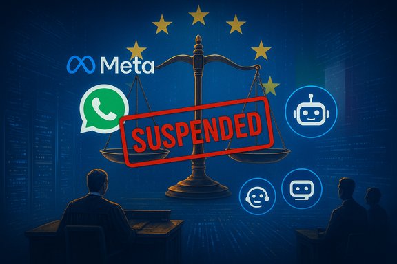 EU backdrop shows a balance scale with a red 'SUSPENDED' stamp over Meta and WhatsApp logos.