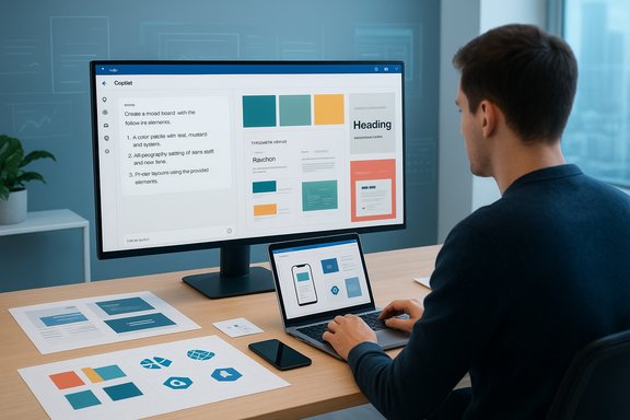 A designer works on UI mockups on a large monitor, with a laptop and color swatches on the desk.