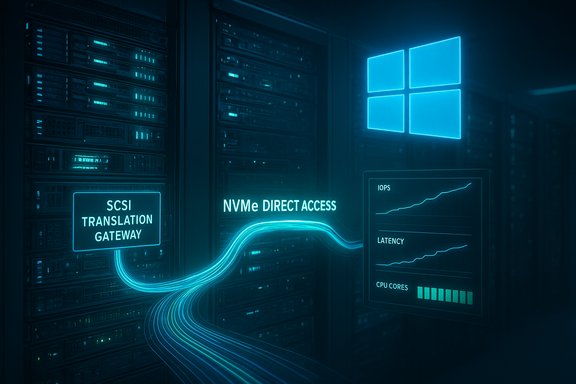 Futuristic data center rack featuring NVMe direct access, a SCSI translation gateway, and neon Windows UI.