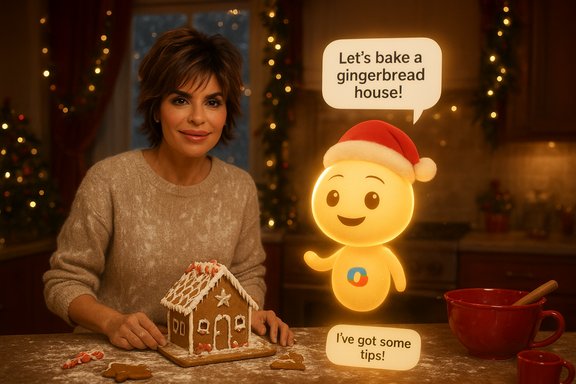 Cozy holiday kitchen scene of a woman decorating a gingerbread house beside a glowing Santa-hat mascot offering tips.