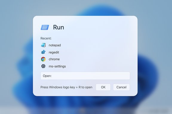 Windows Run dialog showing recent apps: notepad, regedit, chrome, ms-settings.