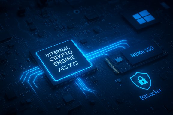 Blue-tinted circuit board featuring an AES-XTS internal crypto engine chip, NVMe SSD, and BitLocker logo.