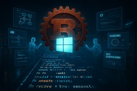 A rusted gear encircles a glowing Windows logo amid holographic code screens.