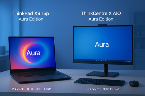 Two Aura Edition devices—ThinkPad X9 15p laptop and ThinkCentre X AIO—on a desk.