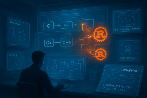 A person at a desk studies holographic blueprints of code, with glowing orange R gears.