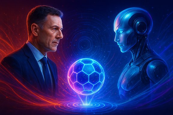 A suited man faces a blue android as a glowing neon sphere hovers between them.