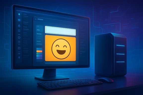 A futuristic computer workspace with a smiley emoji on the monitor.