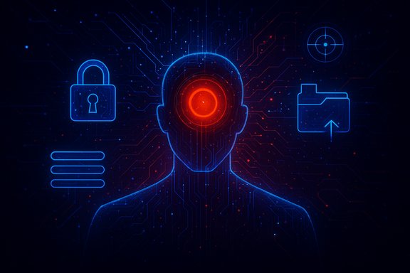 A neon blue digital silhouette of a head with a glowing red central core amid cybersecurity icons.