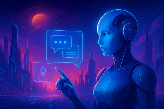 A blue humanoid robot in a neon futuristic city interacts with glowing chat bubbles.