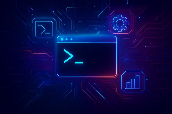 Neon terminal window with a command prompt on a glowing circuit-board backdrop.