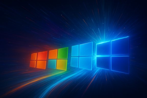 Rainbow Windows logo panels streak across a neon starry background. Rainbow Windows logo panels streak across a neon starry background.