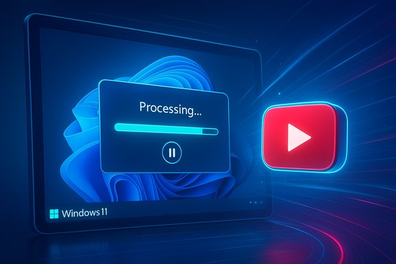 Windows 11 UI featuring a “Processing...” progress card and a glowing red play button.