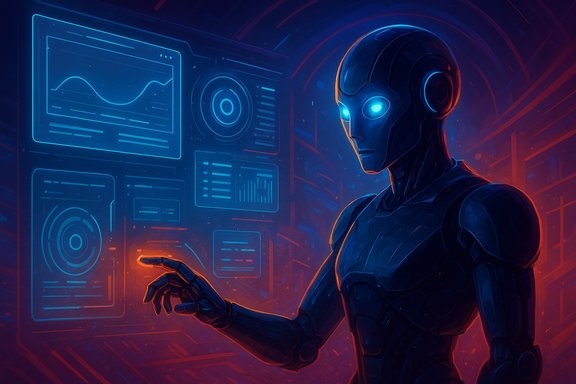 A futuristic android operates neon holographic control panels.